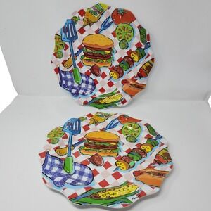 Melamine Ware Plates Set 2 BBQ Hamburger Picnic Grilling Kitsch Mario Bosco 14"